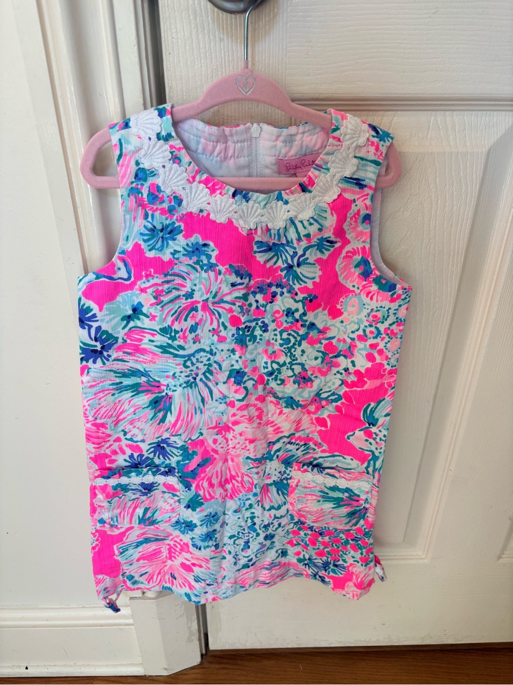Lilly Pulitzer Bright Pink Multi Floral Sleeveless Dress with White Trim